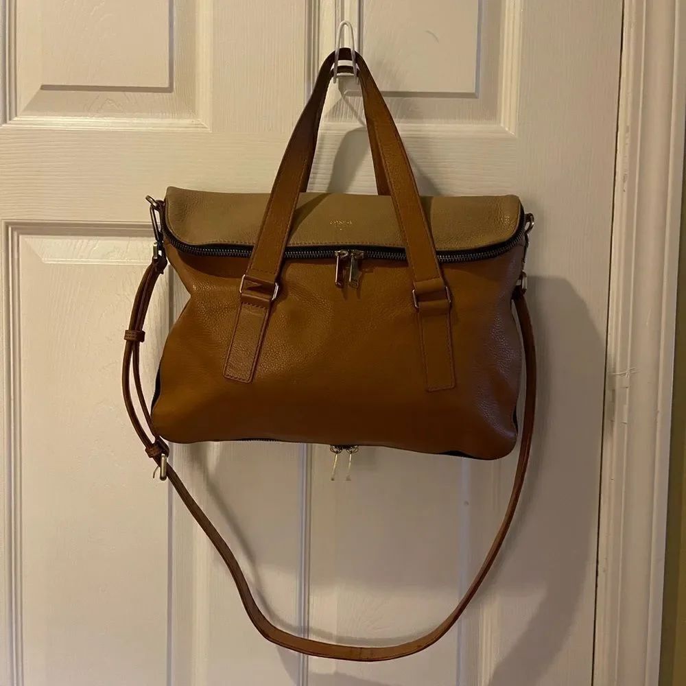 Fossil Preston fold over leather tote Camel and tan color brass tone hardwares